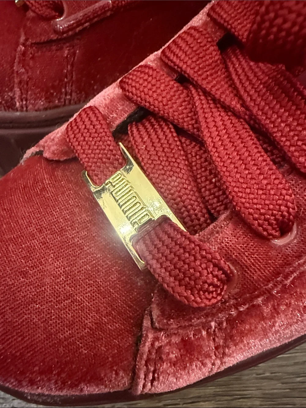Puma Mayze Red Burgundy Velvet Platform Sneakers with Gold Accents Size 7